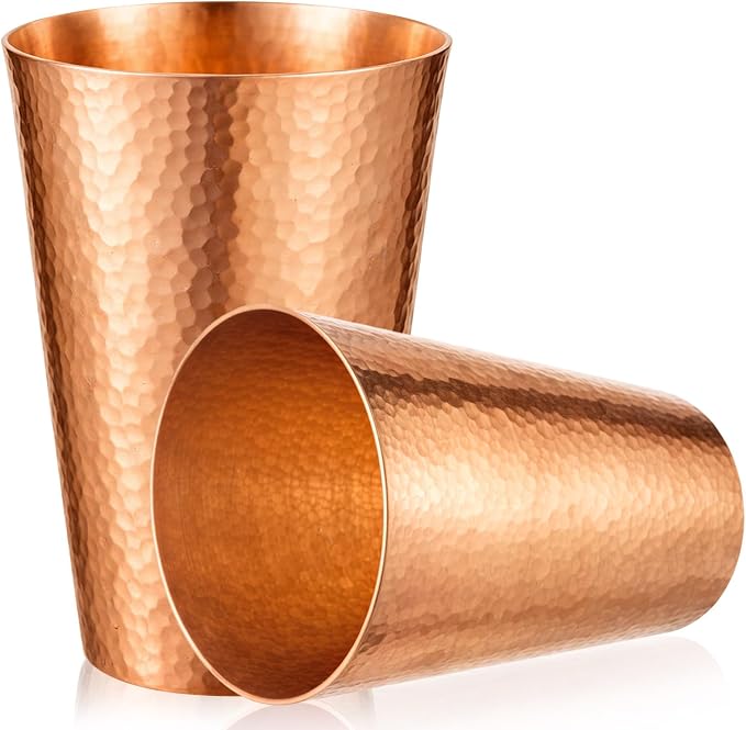 Willinglong 2 Pcs 100% Pure Copper Cup Tumblers 25 oz Handcrafted Hammered Copper Cups, Ayurvedic Health Benefits Drinking Vessel for Family Health Water, Cocktails, Iced Tea Glasses(Threaded)