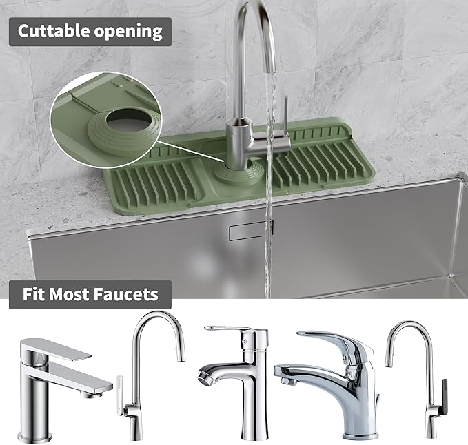 WAFT YEARN 14X5 Inch Silicone Durable Faucet Mat Kitchen Sink Splash Guard Draining Protector Tray Liner Absorbent Protective Counter Accessories For Sink Kitchen Bathroom Laundry Room Bar & RV Green