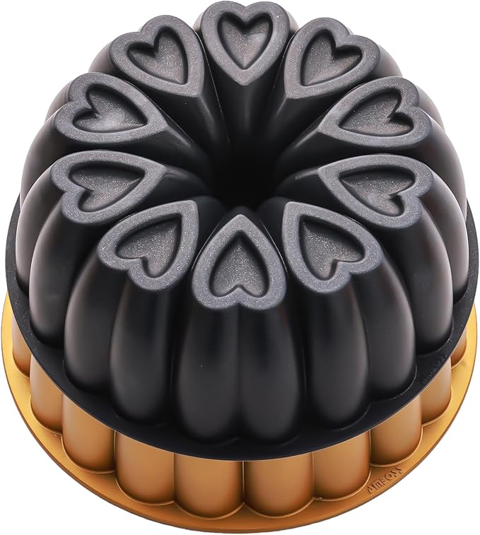 Heart Shape Aluminum Cake Pan, Titanium Coating, Non-Stick, 12 Cups, Gifts for Mom, 10 Inch Baking Mold, Cast Aluminum Fluted Tube Pan, Easy to Clean (2-Pack, Black-Gold)