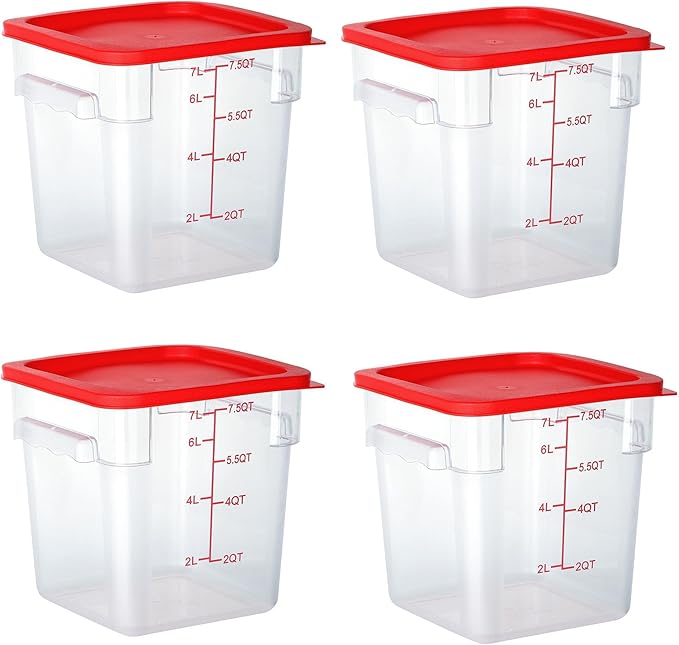 4 Pack 8 Qt Square Polycarbonate Food Storage Containers with Lids | Clear BPA-free PC with lids, side handles, measurement scale and stackable design; for food prep, storage and freezer use.