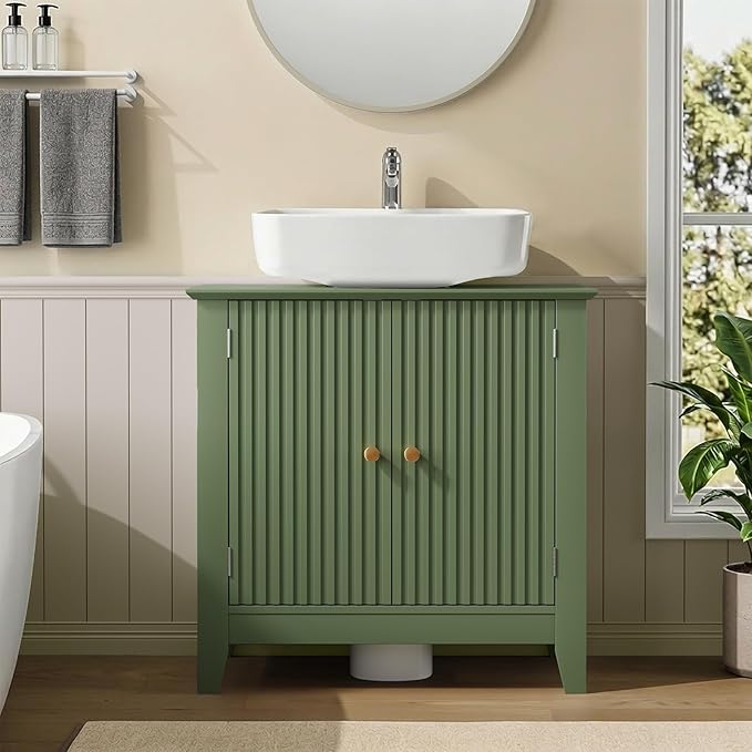 Under Sink Bathroom Cabinet with U-Shape Cutout for Pedestal Sink, Storage Cabinet with 2 Doors, Adjustable Shelf, Freestanding Floor Cabinet, Space-Saving Organizer for Bathroom (Green)