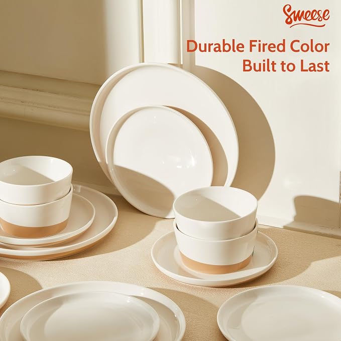 Sweese 18 Pieces Porcelain Dinnerware Set, Modern Dish Set for 6, Hand Painted Kitchen Plates and Bowls Sets, Scratch Resistant Dishware Sets, Dishwasher & Microwave & Oven Safe Dinner Set, Brown