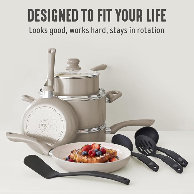 GreenLife 16-Piece Nonstick Cookware Set, Non-Toxic Ceramic Pots and Pans Set, Durable Healthy Kitchen Essentials, Fast Heating, Induction Ready, Easy Clean Dishwasher Safe, PFAS-Free, Beige Taupe
