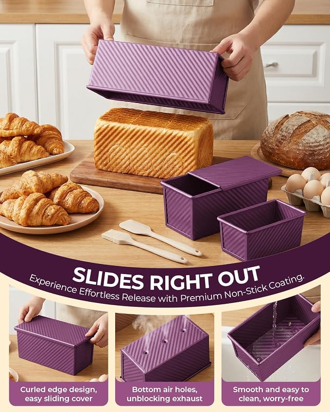 CARTMAN Bread Loaf Pan 2 Pack, 8x4 Pullman Loaf Pan with lid and a Silicone Spatula and Basting Pastry Brush, 1 lb Dough Capacity,Non-Stick Carbon Steel bread pans for homemade bread Plum Purple
