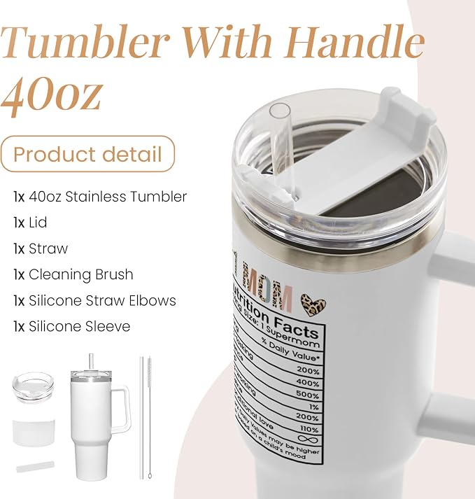 SANDJEST Mom Gifts for Women Mom Nutrition Facts Tumbler Stainless Steel 40oz with Handle Insulated Travel Cup Best Mom Ever Coffee Cup, Mother's Day Christmas Birthday Gifts from Son Daughter