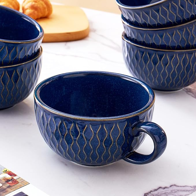 Coffeezone Set of 6 Cups Vintage Design 12 oz Professional Barista Ceramic Latte Art Cappuccino Cups Set (Embossed Blue * 6)