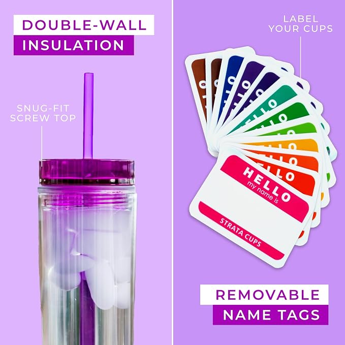 STRATA CUPS 24 Colored Skinny Tumblers with Lids and Straws | 16oz Reusable Cup Double-Wall Clear Tumbler with Lid and Straw, Durable Acrylic Tumblers With FREE Straw Cleaner & Name Tags