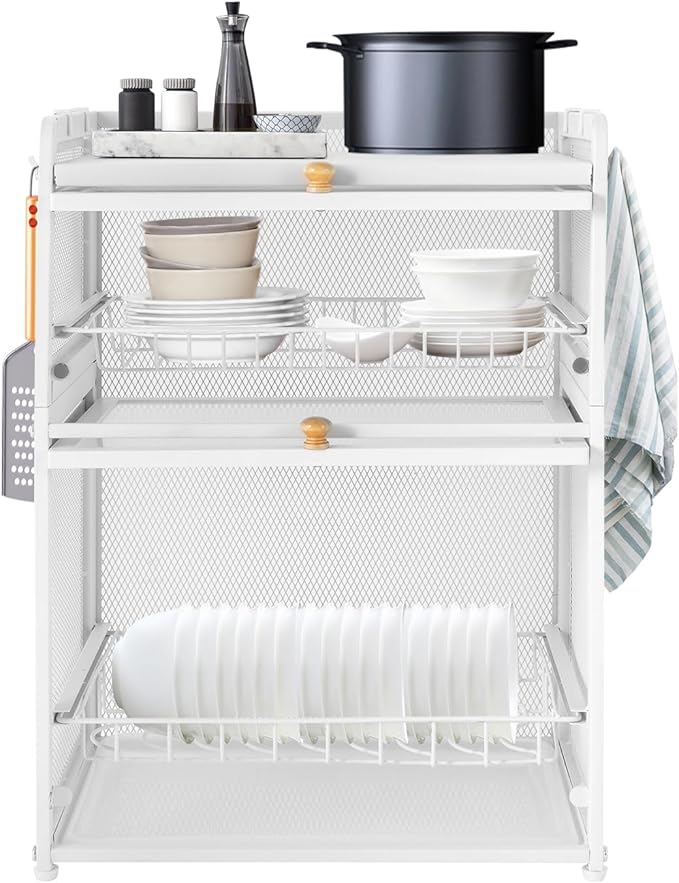 3 Tier Dish Drying Rack，Over Sink Dish Drying Rack with Side Hooks Flipped Cabinet Door Design Pull-Out Drain Tray 22.04Lbs Strong Load-Bearing Capacity Dish Racks for Kitchen Counter