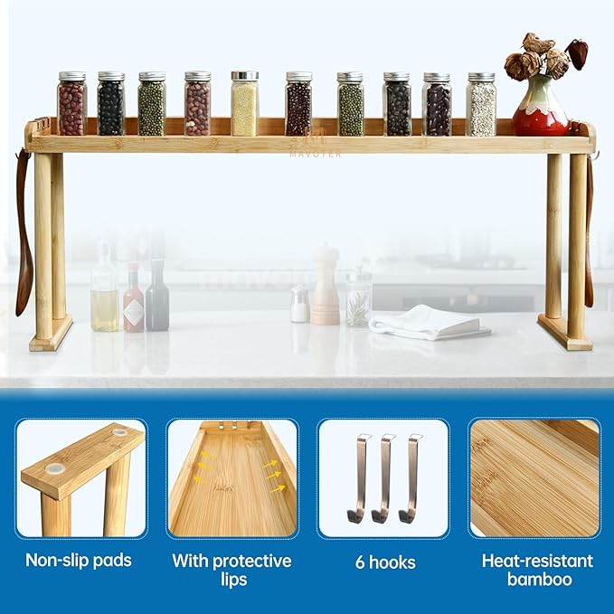 MAVOTER Over The Stove Top Shelf for Kitchen Bamboo Spice Rack Organizer for Back of Stove with Protective Lips & 6 Hooks,Easy Installation 33.5 * 4.5 * 13.4”