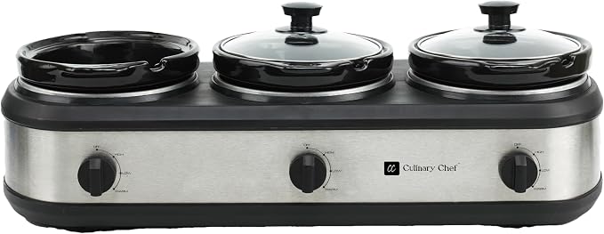 CULINARY CHEF, Triple Slow Cooker, Buffet Server 2.5qt x 3 Pot, Food Warmer – Stainless