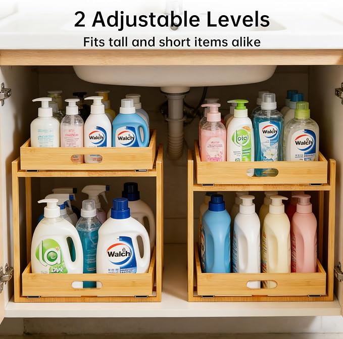 Under Sink Organizer and Storage - 2-Tier Bamboo Kitchen Cabinet Shelf with Adjustable Levels, Undersink Organization Slide Out for Bathroom Cabinet Pantry(Natural, 2 Packs)