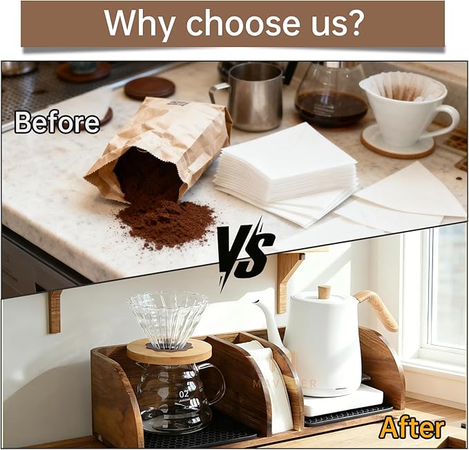 MAVOTER Acacia Coffee Bar Station Organizer Stand for Pour Over Maker, Coffee Filter Holder for Countertop ,Wooden Caddy Storage Organizers with Heatproof Mat(17.8*7*5.1 inch)