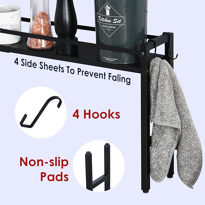 upgrade Stove Top Shelf，Over the Stove Spice Shelf for Kitchen,Spice Rack Shelf with 4 hooks Extra Storage Countertop, Seasoning Organizer,Kitchen Organizers and Storage (Black)