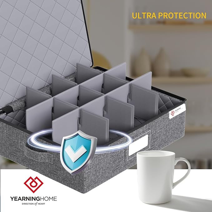 YearningHome Cup and Mug Storage Boxes with Dividers,Hard Shell Coffee Mug Organizer with Lid,Handles,Zips and Label Window for Coffee Mugs,Tea Cups,Packing and Moving,Hold 12,1 Pack, Grey