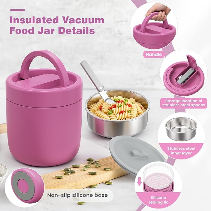 Thermo for Hot Food Adults, 40.5oz Wide Mouth Soup Thermo Lunch Containers with Spoon, Stainless Steel Vacuum Insulated Bento Lunch Box,Lunch Containers with Handle(Pink)