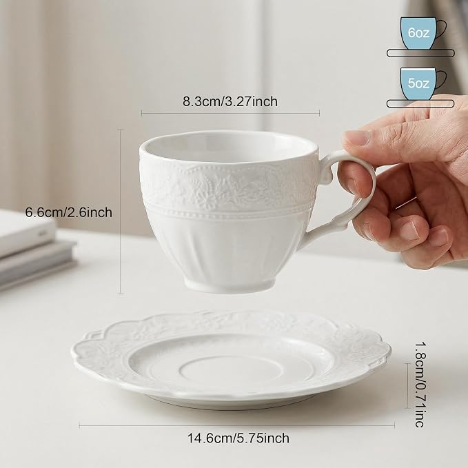 6 oz White Cappuccino Mug - Bone China Floral Ceramic Coffee Cup with Saucer - Microwave and Dishwasher Safe, Perfect For Tea, Espresso, Latte - Elegant Set for Kitchen or Cafe, Baristas, Great Gift