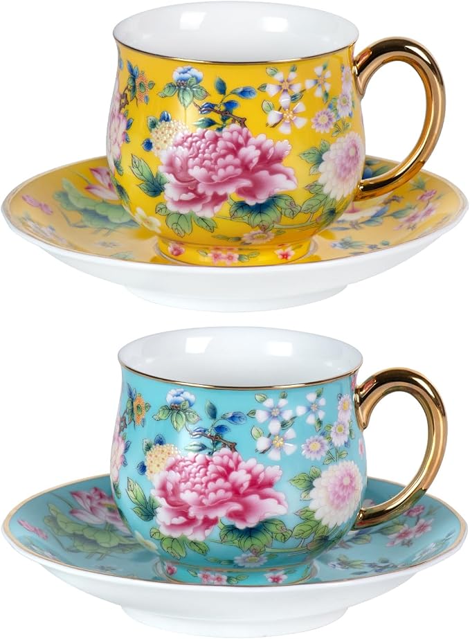 KAMMAK Tea Cups and Saucers Set of 2, Porcelain Coffee Cups, 7.1oz Stackable Espresso Mugs, Ceramic Demitasse for Coffee, Latte, Americano, Tea (940N+941N)