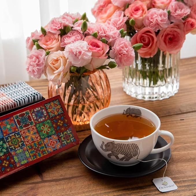 Octavius - Assorted Tea Variety Pack in Tile Motif Design Wooden Box | 6 Flavors, 60 Tea Bags | Black & Green Tea | Tea Gifts for Women & Men