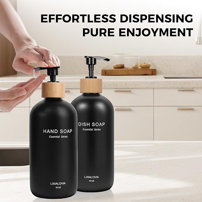 Dish and Hand Soap Dispenser Set with Tray, 16OZ Refillable Glass Bottles and Wood Pump, Double Bottle Countertop Organizer for Kitchen and Bathroom (Black)