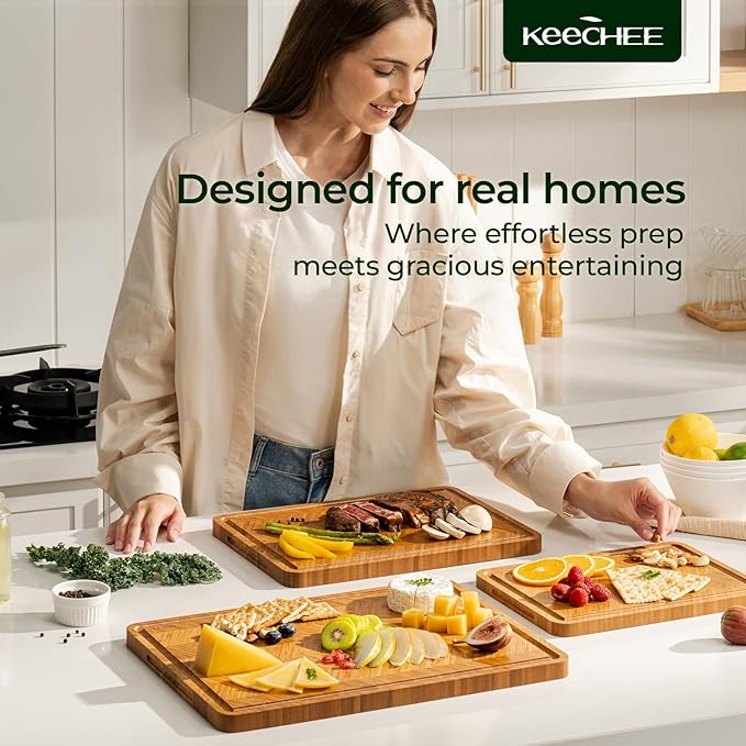 Keechee Bamboo Cutting Board, Reversible Wood Cutting Boards for Kitchen with Juice Grooves, Atelier Collection Handcrafted Large Serving Tray, Luxury Housewarming Wedding Gifts for New Home