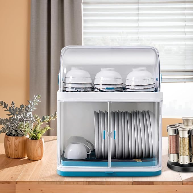 2 Tier Dish Drying Rack with Cover, Plastic Kitchen Plate Cup Dish Drying Rack， with Removable Drain Board, for Dish/Knifes/Cup, Blue, White