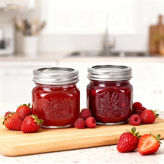 CycleMore 8oz 12 Pack Mason Jars with Silver Metal Lids, Embossed Design Canning Jars, Clear Glass Storage Jars for for Gifts, Jam, Pickling, Crafts, Wedding Favors & Home Decor