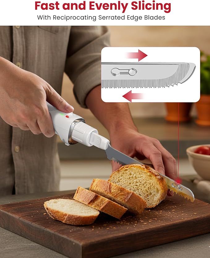 New Upgrade Cordless Electric Knife, Serrated Blade Knife for Turkey, Meat Slicing, Fillet, Bread, Ergonomic Design Cutting Knifes with Comfortable Contoured Grip, USB-C Rechargeable, Easy-Slice,White