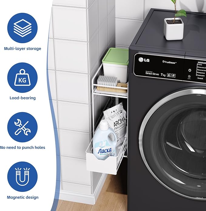 CABTE 2 Tier Magnetic Shelves for Washing Machine with Pull Out Metal Drawer,Magnetic Spice Rack for Fridge,Magnetic Rack with no Installation, Versatile Storage Organizers for Home (White, 2 Tier)
