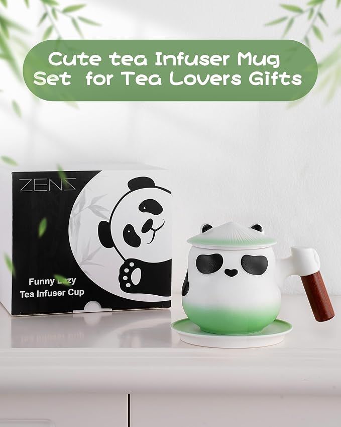ZENS Tea Cup with Infuser and Lid for Loose Leaf Tea Steeper, 11 oz Cute Panda Tea Mug with Strainer and Coaster for Daughter, Collector's Mug Gifts