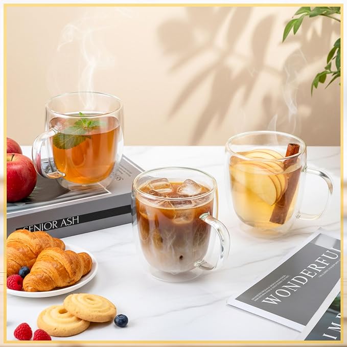 Patelai Glass Coffee Mugs Set of 6, 16 oz Clear Double Walled Coffee Cups Glasses Insulated Latte Mugs with Handle Espresso Clear Cups for Hot and Cold Beverages