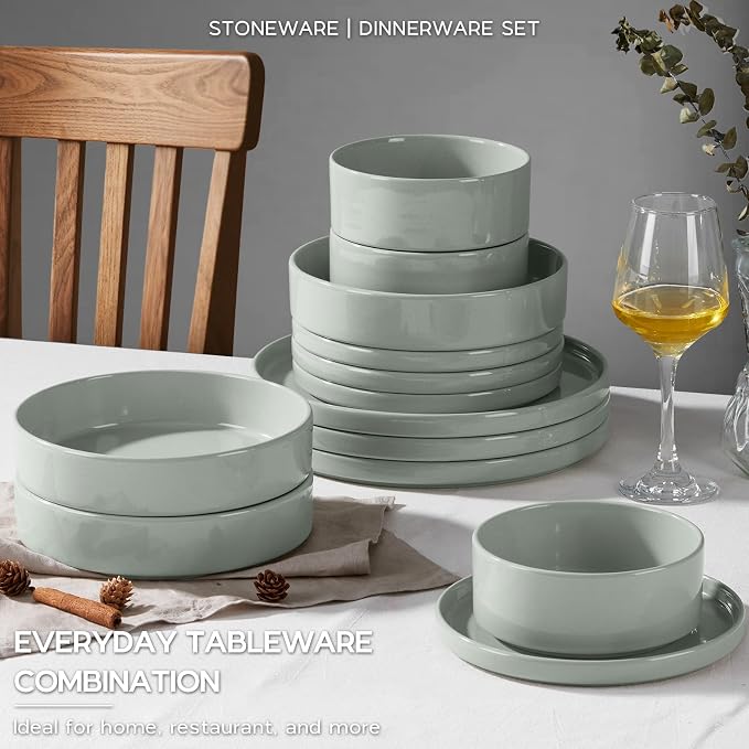 Onader Stoneware Dinnerware Sets for 6 with Double Bowl, 24 Piece Plates and Bowls Dish Dinner Set, Speckled Kitchen Dishware Tableware – Pale Sage Green
