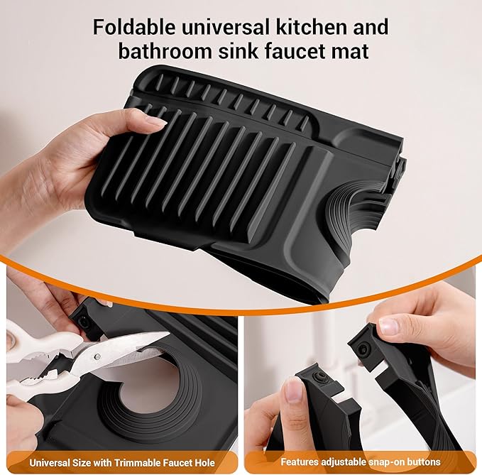 ZJWZLG Faucet Mat for Kitchen Sink, 14"X5.5" Silicone Sink Splash Guard with Soap Holder, Snap-On Design & 7°slope Fast Drain, Folding Sink Faucet Mat for Universal Kitchen Bathroom Sink（Black）