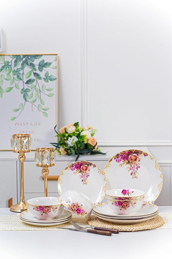FHGNYSM Vintage Floral Dinnerware Set, 12-Piece Porcelain with Gold Rim | Rose Pattern Dish Set for Kitchen, Wedding and Housewarming Gift, Chip and Scratch Resistant, Microwave&Dishwasher Safe for 4