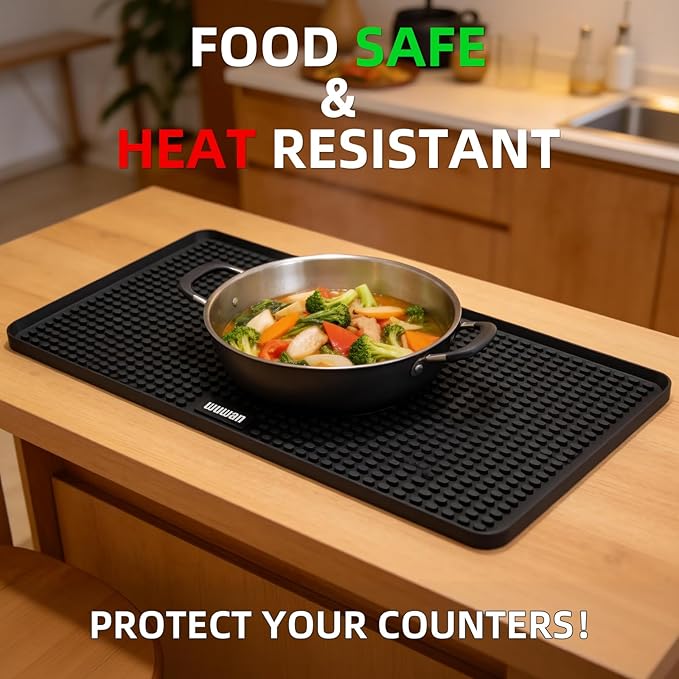 Silicone Dish Drying Mat for Kitchen Countertop, Non-Slip Sink Draining Mat with Raised Ridges, Heat Resistant Absorbent Drying Pad for Dishes, Glasses, Cookware, Easy to Clean Counter Protector