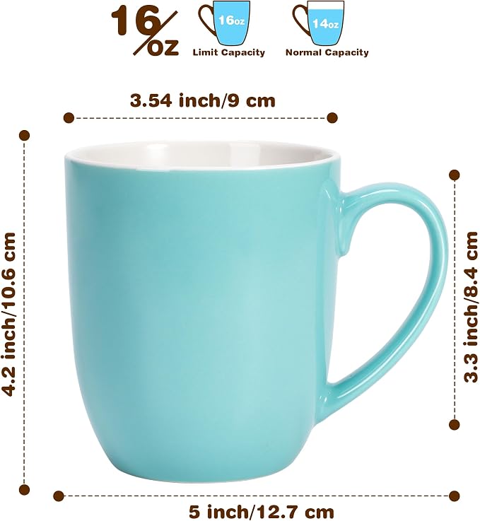 Urbanstrive 16 oz Large Coffee Mugs Set of 6 Ceramic Coffee Mug White Coffee Cups Tea Cups Idea Gift for Women Men House Warming Gifts New Home Office, Blue 6 Pack