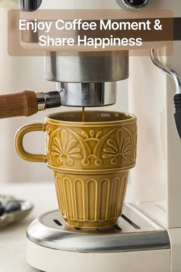 Cappuccino Cups, Espresso Cups, Stackable Mug Set of 6, Ceramic Coffee Mug 6 OZ Khaki for Hot Drinks Milk Dessert, Suitable for Home office Restaurant, Perfect for Holiday & Housewarming Present