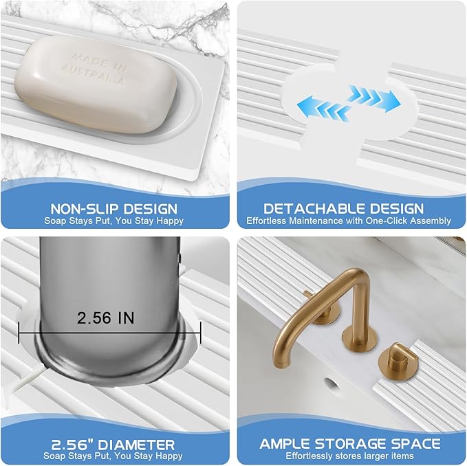 Stone Faucet Mat for Kitchen Sink, Water Absorbent Fast Drying Stone Tray for Sink , Quick Dry Diatomite Splash Guard for Bathroom Counter to Prevent Moisture Buildup, 23.6" x 4", White