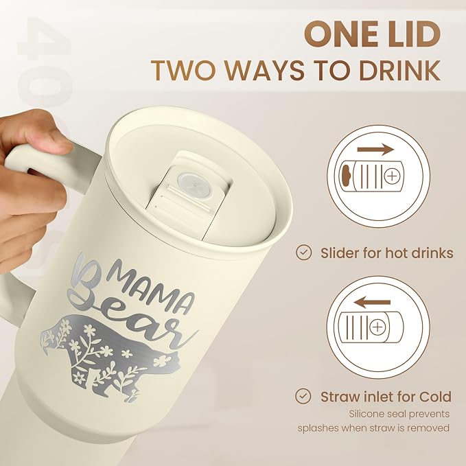 Mom Tumbler with Handle 40oz, Mama Bear Cup Stainless Steel Insulated Tumblers Coffee Travel Mug, Gifts for Moms from Daughter Son, Best Mother Gift for Christmas Birthday Mothers Day