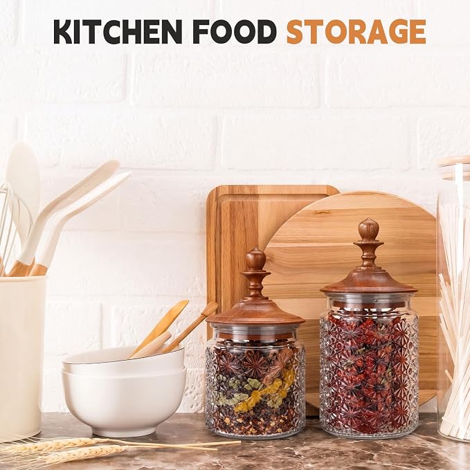 Suclain 6 Pack 17oz Vintage Glass Jars with Wooden Crown Lids, Decorative Jars Star Pattern, Airtight Glass Food Storage Containers for Tea Coffee Spice Pantry Organization