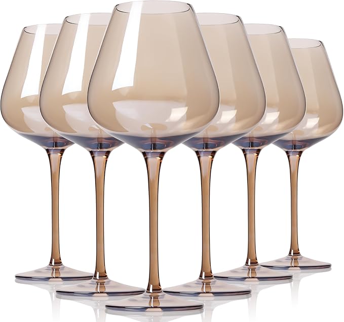 Physkoa Mocha Mousse Color Wine Glasses Set 6-18oz Long Stem Smokey Gray Wine Glasses-Hand Blown Mocha Stemware for Home Decro Pary