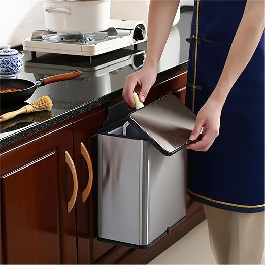 Over-cabinet Stainless Steel Kitchen Trash Bin with Lidded Top, Manual Open, Wall-mount, 0.8 Gallon Capacity, Removable Inner Liner, Bag Dispenser Compartment, for Apartments RV Pantry Office