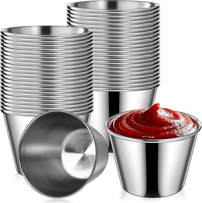 Potchen 24 Pieces 2.5 oz Metal Ramekins Sauce Cups Stainless Steel Condiment Cups Round Dipping Containers for Vinegar Butter Ice for Kitchen Restaurant Catering Camping BBQ Party