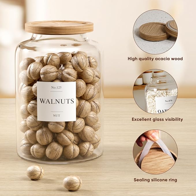 2 PCS Flour Sugar Storage Containers Glass Jar, 4000ml/1 Gallon/4.2 Qt/135oz,Large Glass Food Storage Jars with Wood Airtight Lids,for Tea,Spice,Cereal Rice Flour Pasta Sugar