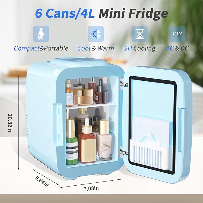 OSTBA Skincare Fridge Mini Fridge for Bedroom with Dimmable LED Mirror, 4Liter/6 Cans Cooler and Warmer for Makeup, Cosmetic, Beauty, Portable Refrigerator for Bedroom, Vanity, Office and Car