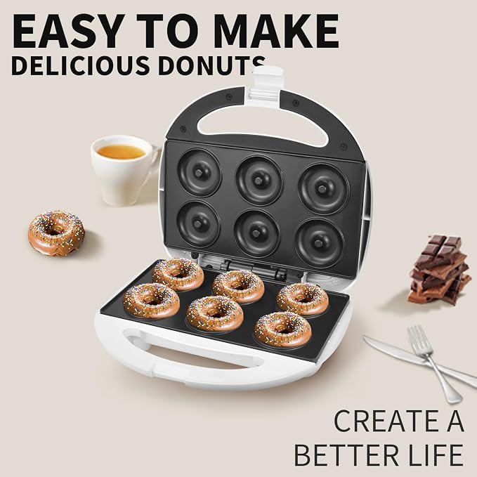 DSP Mini Donut Maker - Non-Stick, 6 Donuts, Cool-Touch | Quick 3-Min Baking, Indicator Lights, Easy Wipe-Clean, Breakfast/Snacks/Desserts, Electric Doughnut Machine, White
