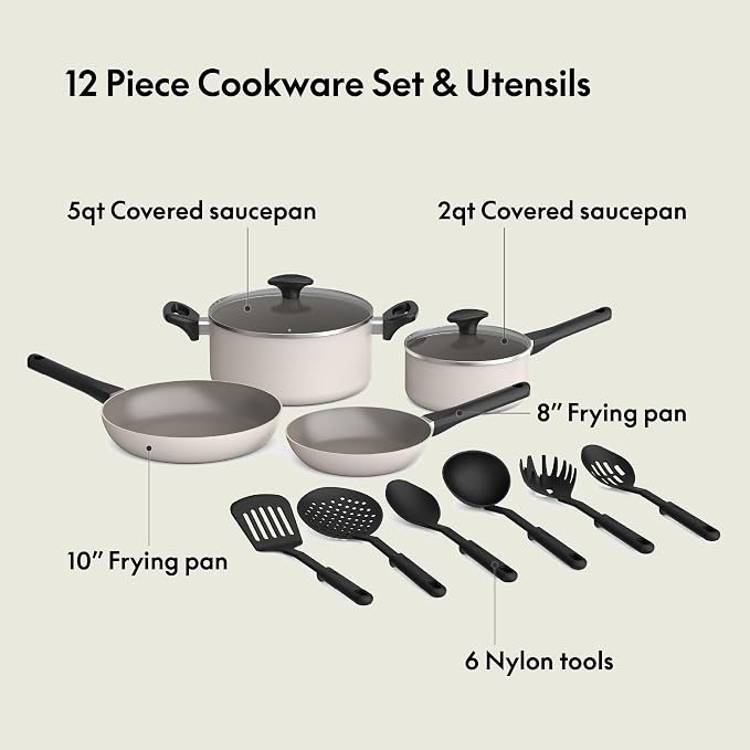 bella 12 Piece Cookware Set with EverGood™ Ceramic Nonstick Coating, Dishwasher & Oven Safe, All Stovetops Compatible, Tempered Glass Lids and Cool Touch Handles, Oatmilk