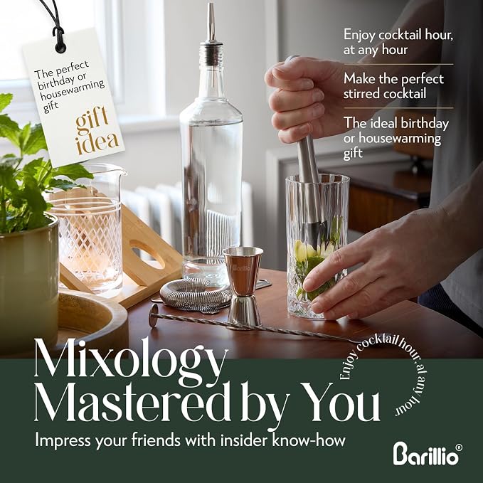 Barillio 20 Oz Crystal Cocktail Mixing Glass with Bamboo Stand & Bar Tools | Seamless Lead-Free Crystal, Weighted Base Stirring Pitcher | Including Muddler, Mixing Spoon, Jigger and Strainer
