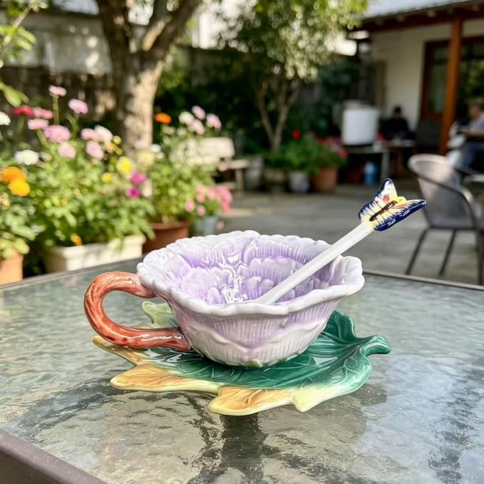 Ceramic Tea Cup and Saucer Set ，6OZ 3D Hand-painted Peony Flower Coffee Mug，Gift for Women -Purple