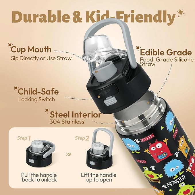 Itslife Bento Box for Kids Set, Insulated Food Container,Kids Lunch Box, 7 oz Thermos for Hot Food, 12 oz Thermos Water Bottle, Reusable Insulated Ice Bag & Fork Spoon Utensils Camping Travel Black