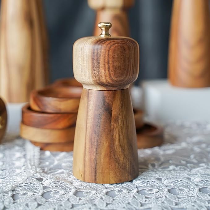 Salt Mill, Salt or Pepper Grinder with Adjustable Ceramic Grinding Core, Spice mill for Pepper and Salt, Acacia Wood, 5 inch/14 cm Height, Bottom Dia: 2.36inch/6 cm(Tray is NOT Included)